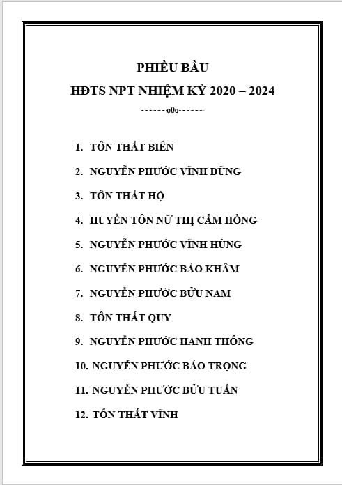 Phiếu Bầu (Quý bà con tài về, chọn 9 người, bỏ 3 người, đóng dấu NPT (Nếu có), hoặc người bỏ phiếu tự ký)